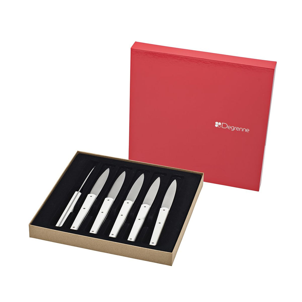 Mirror Mirage Gift Box of 6 Table Steak Knives in White by Degrenne Paris