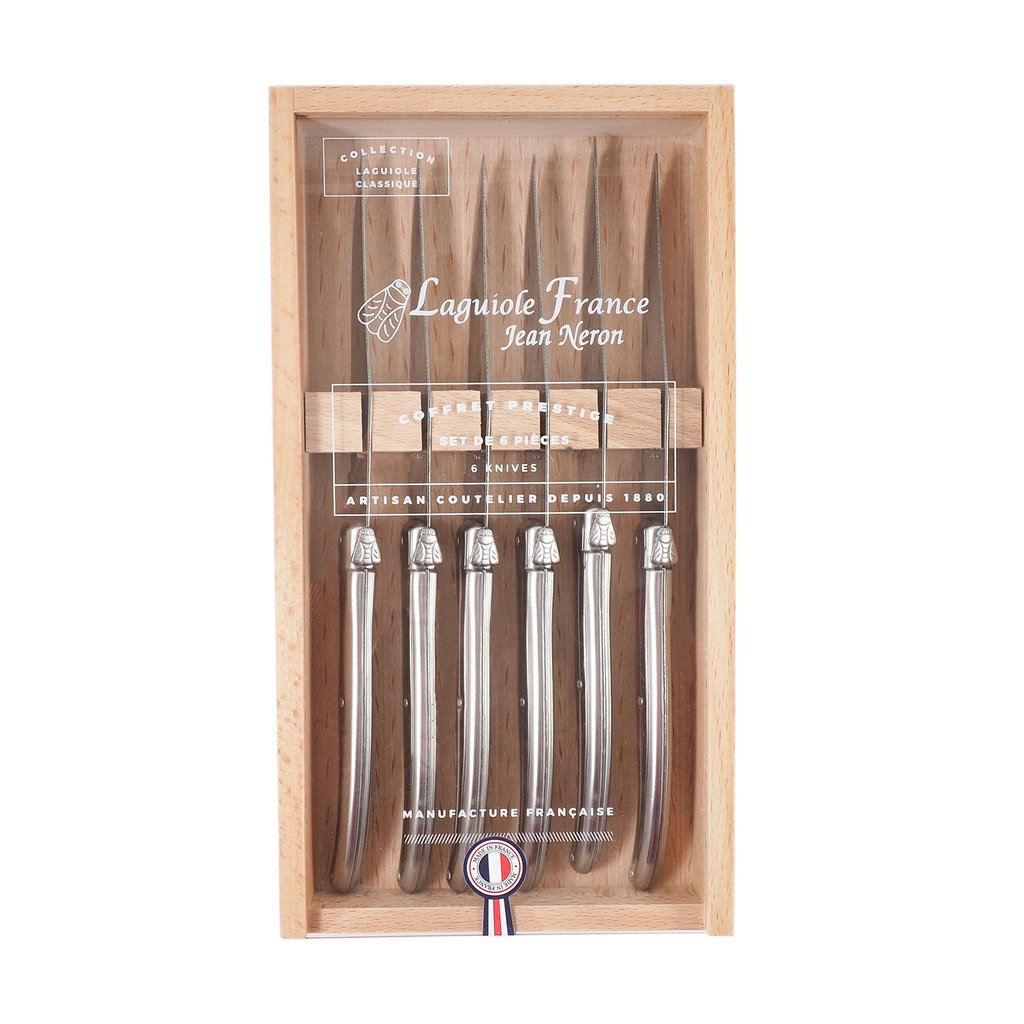 laguiole stainless steel knives in wooden box with acrylic lid set of 6 1