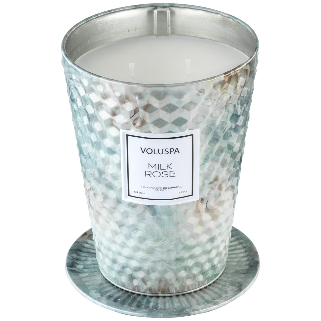 2 Wick Tin Table Candle in Milk Rose design by Voluspa
