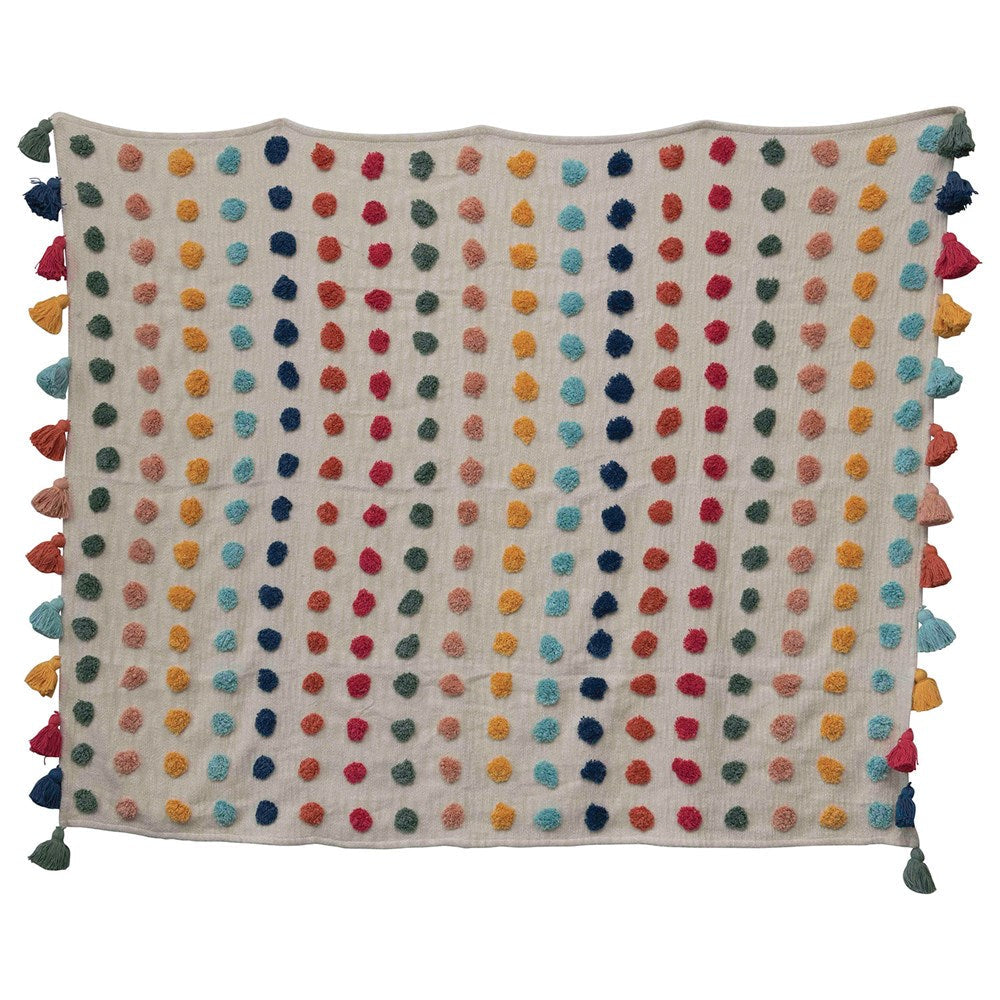 multi color throw with tufted dots tassles 1