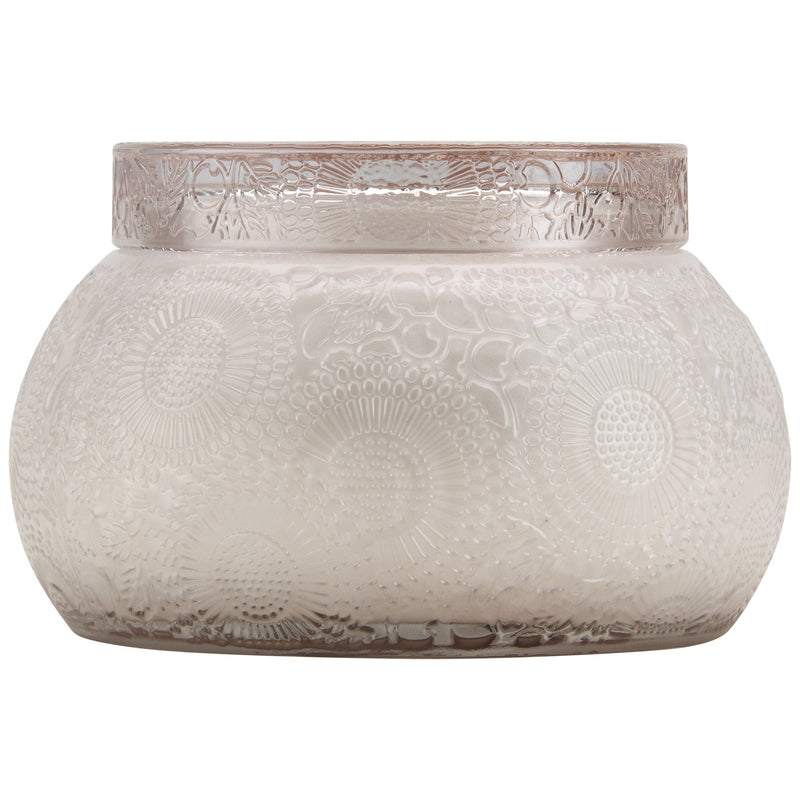 Chawan Bowl 2 Wick Embossed Glass Candle in Panjore Lychee design by Voluspa