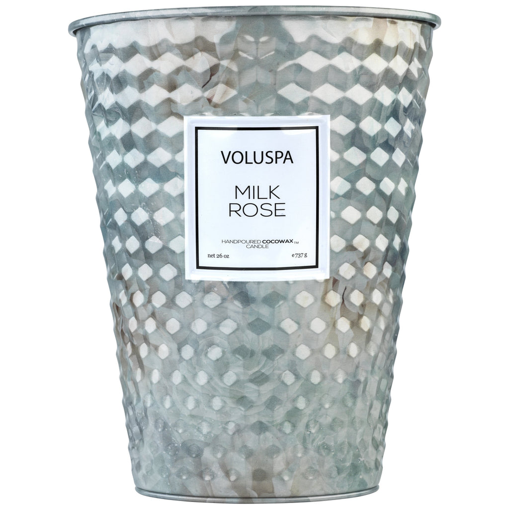 2 Wick Tin Table Candle in Milk Rose design by Voluspa