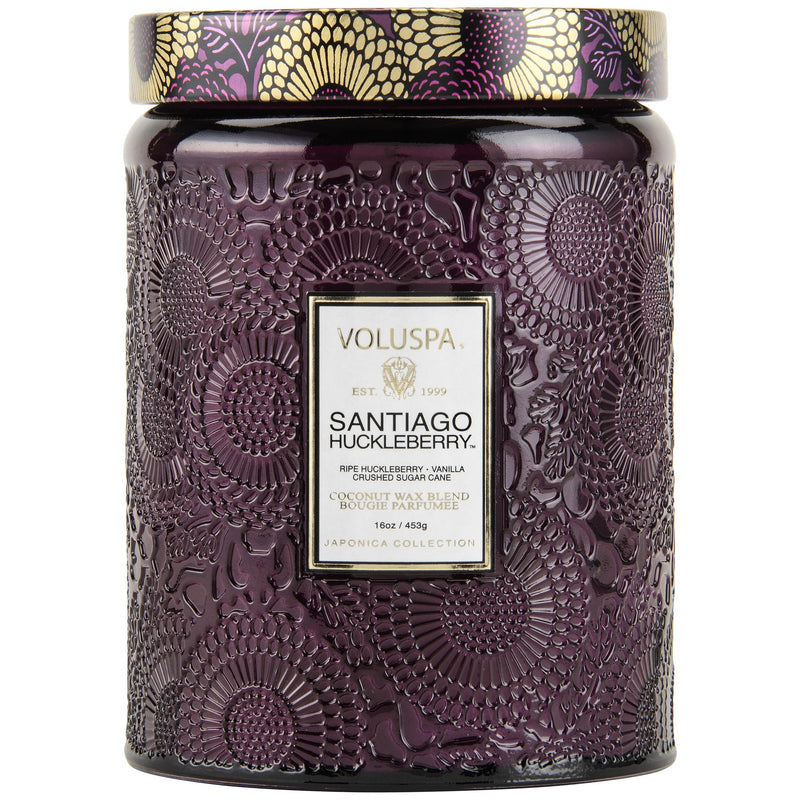 Large Embossed Glass Jar Candle in Santiago Huckleberry design by Voluspa