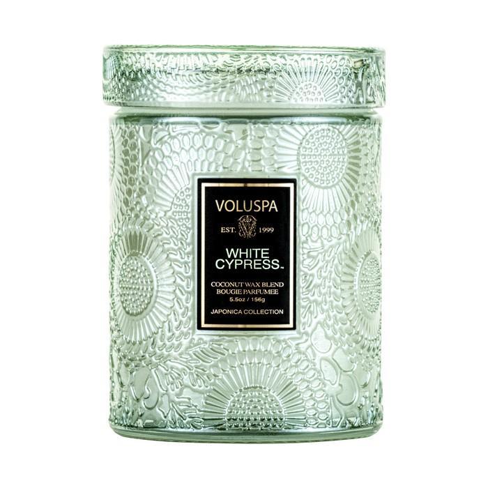 Small Embossed Glass Jar Candle in White Cypress