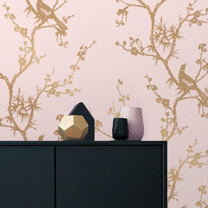Bird Watching Removable Wallpaper in Rose Pink and Gold
