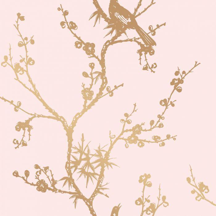 Bird Watching Removable Wallpaper in Rose Pink and Gold
