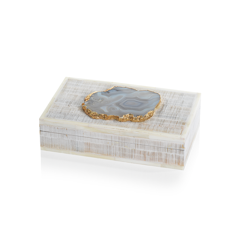 Chiseled Mango Wood & Bone Decorative Box with Agate Stone