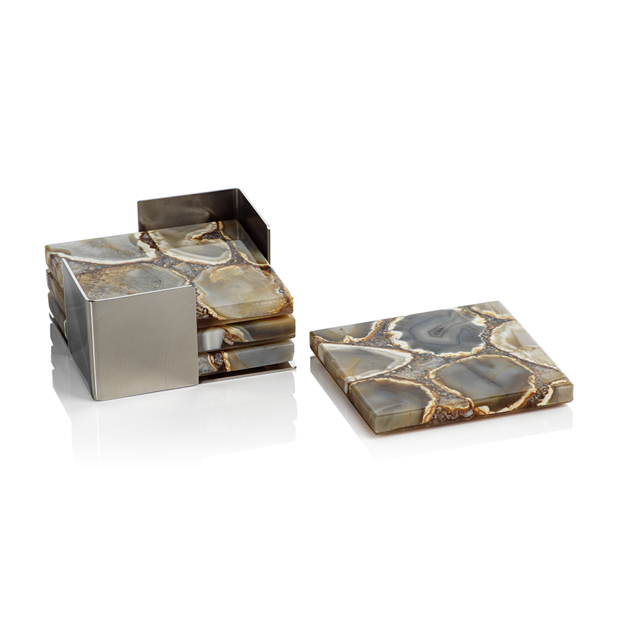 Crete Agate Coaster Set on Metal Tray in Various Colors by Panorama City