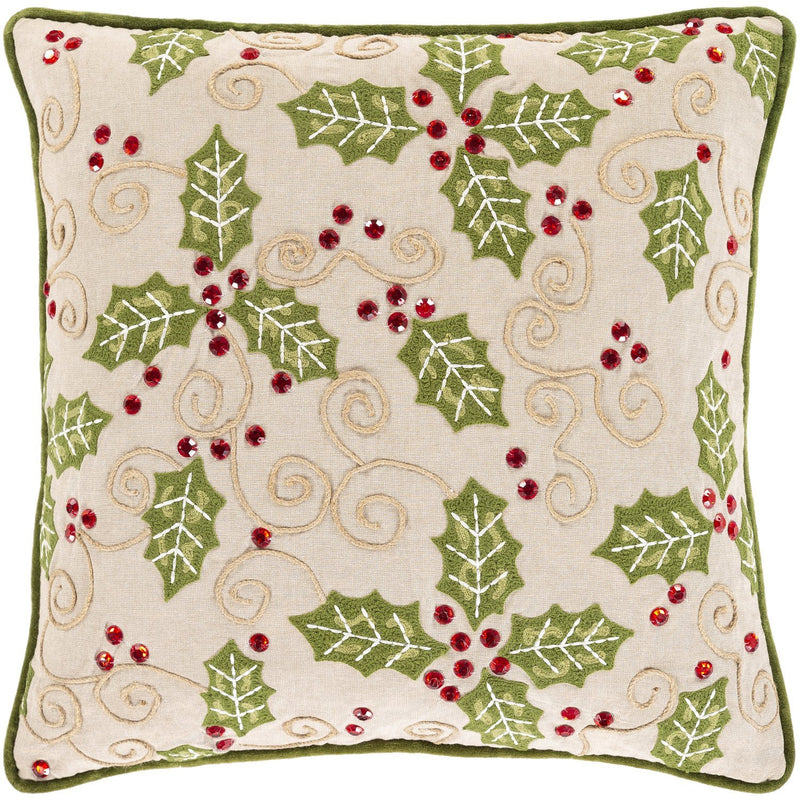 Holly Berry HBY-001 Woven Pillow in Khaki & Grass Green by Surya