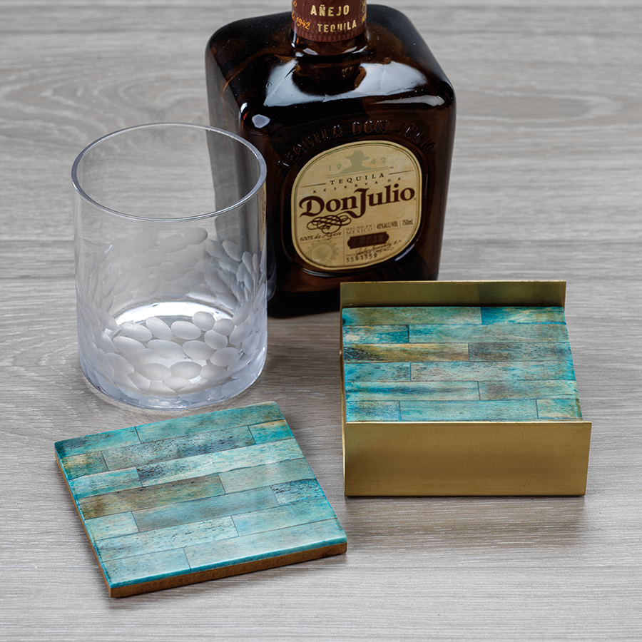 coasters on metal tray in green and gold by panorama city 2