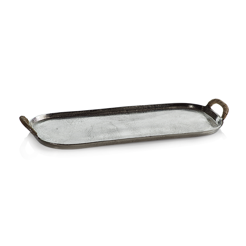 Mauritius Raw Aluminum Trays with Cane Wrapped Handles