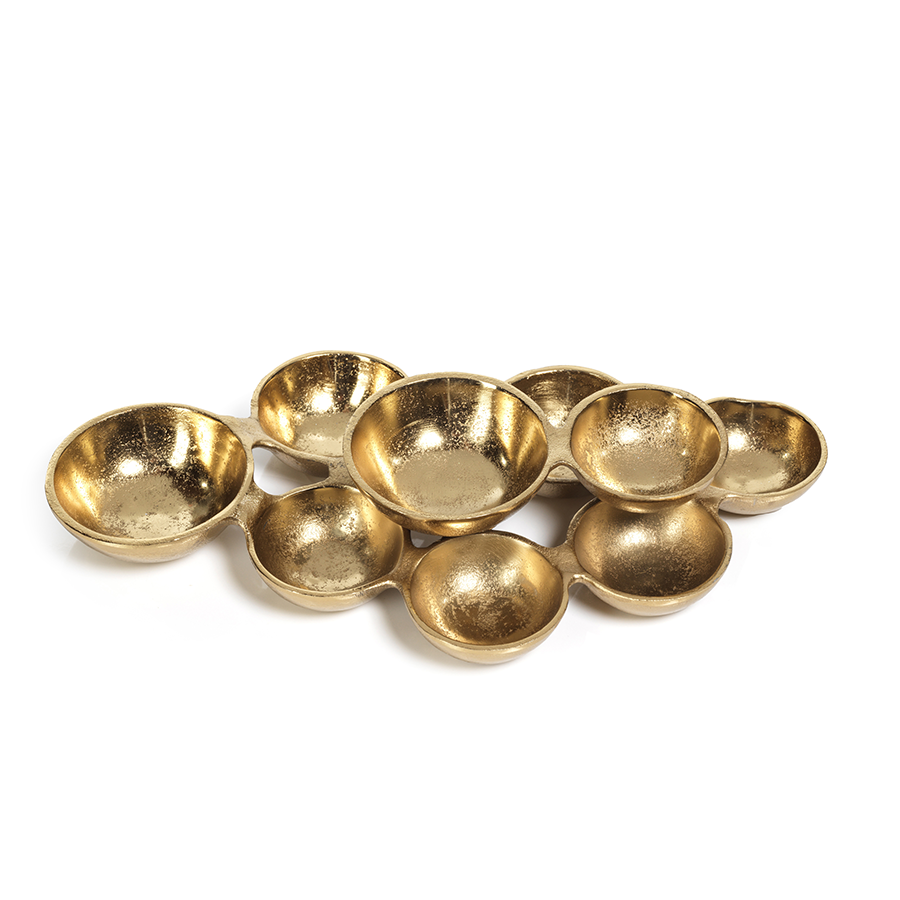 small cluster of nine serving bowls dark gold 1