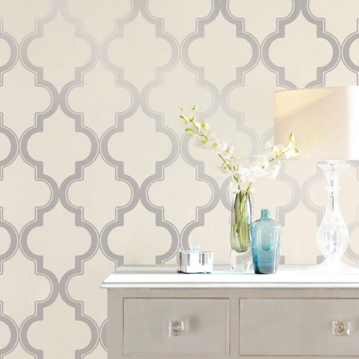 Marrakesh Removable Wallpaper in Cream and Metallic Silver