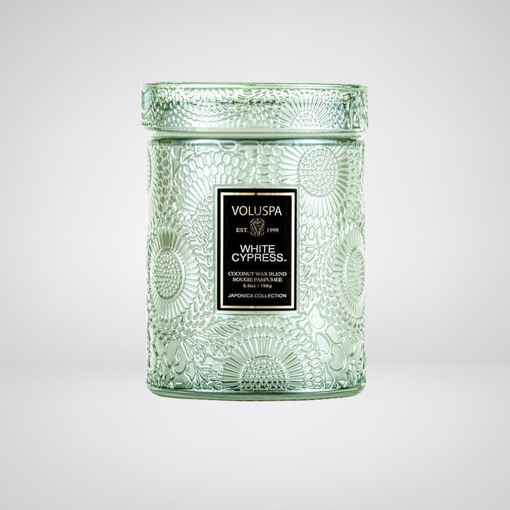 Small Embossed Glass Jar Candle in White Cypress