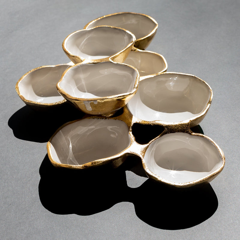 small cluster of eight serving bowls nickel and white 3