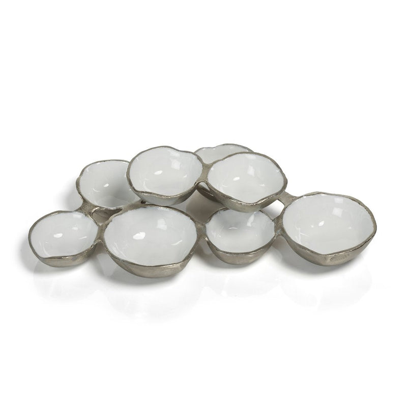 small cluster of eight serving bowls nickel and white 1