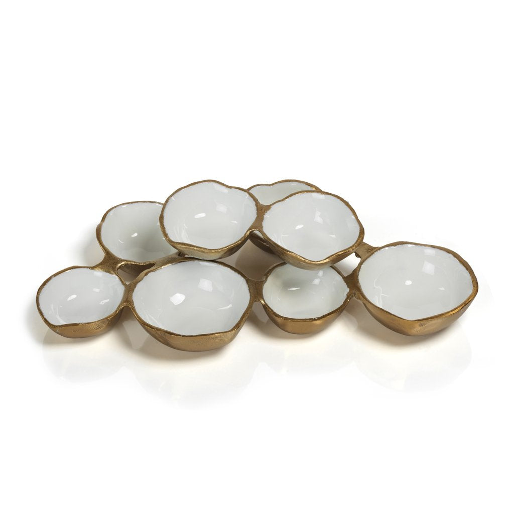 small cluster of eight serving bowls gold and white 1