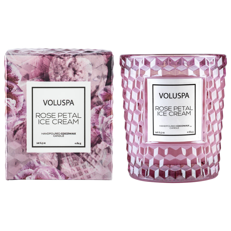 Classic Textured Glass Candle in Rose Petal Ice Cream design by Voluspa