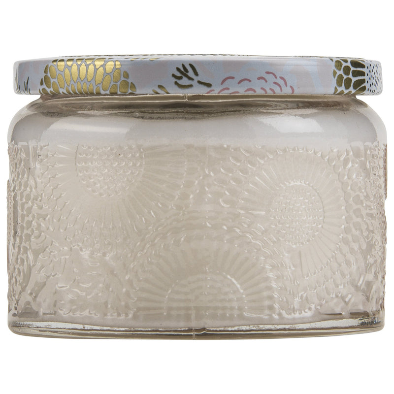 Petite Embossed Glass Jar Candle in Panjore Lychee design by Voluspa